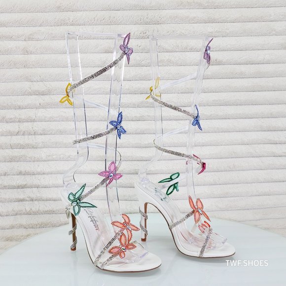 Fly Girl White Upper & Rhinestones Multi Color Butterfly Wrap Strap High Heels - Picture 6 of 10